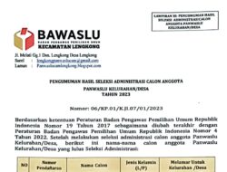 PENGUMUMAN HASIL SELEKSI ADMINISTRASI CALON ANGGOTA PANWASLU KELURAHAN/DESA TAHUN 2023 DI KECAMATAN LENGKONG