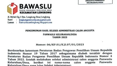 PENGUMUMAN HASIL SELEKSI ADMINISTRASI CALON ANGGOTA PANWASLU KELURAHAN/DESA TAHUN 2023 DI KECAMATAN LENGKONG